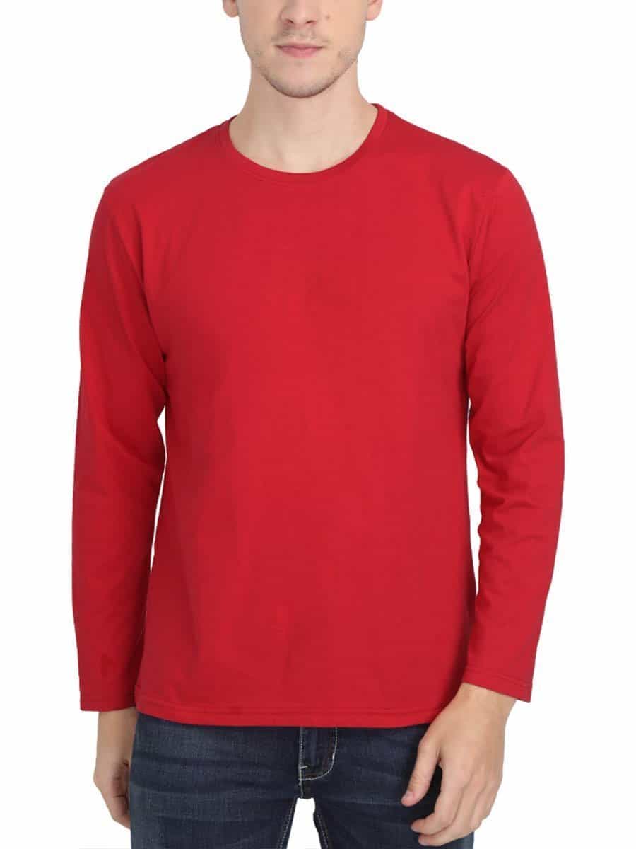 Men's Red Full Sleeve Round Neck Plain T-Shirt