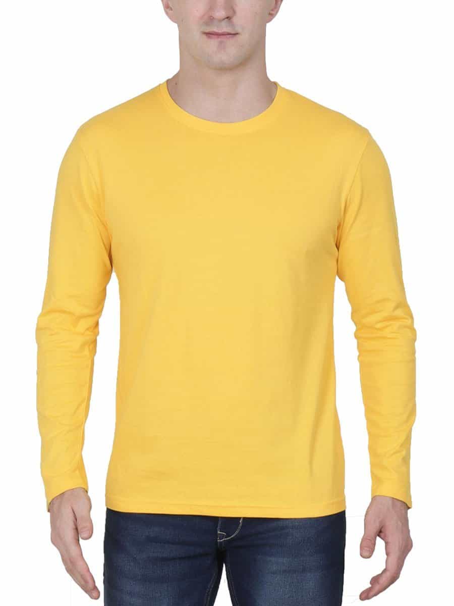 Men's Yellow Full Sleeve Round Neck Plain T-Shirt