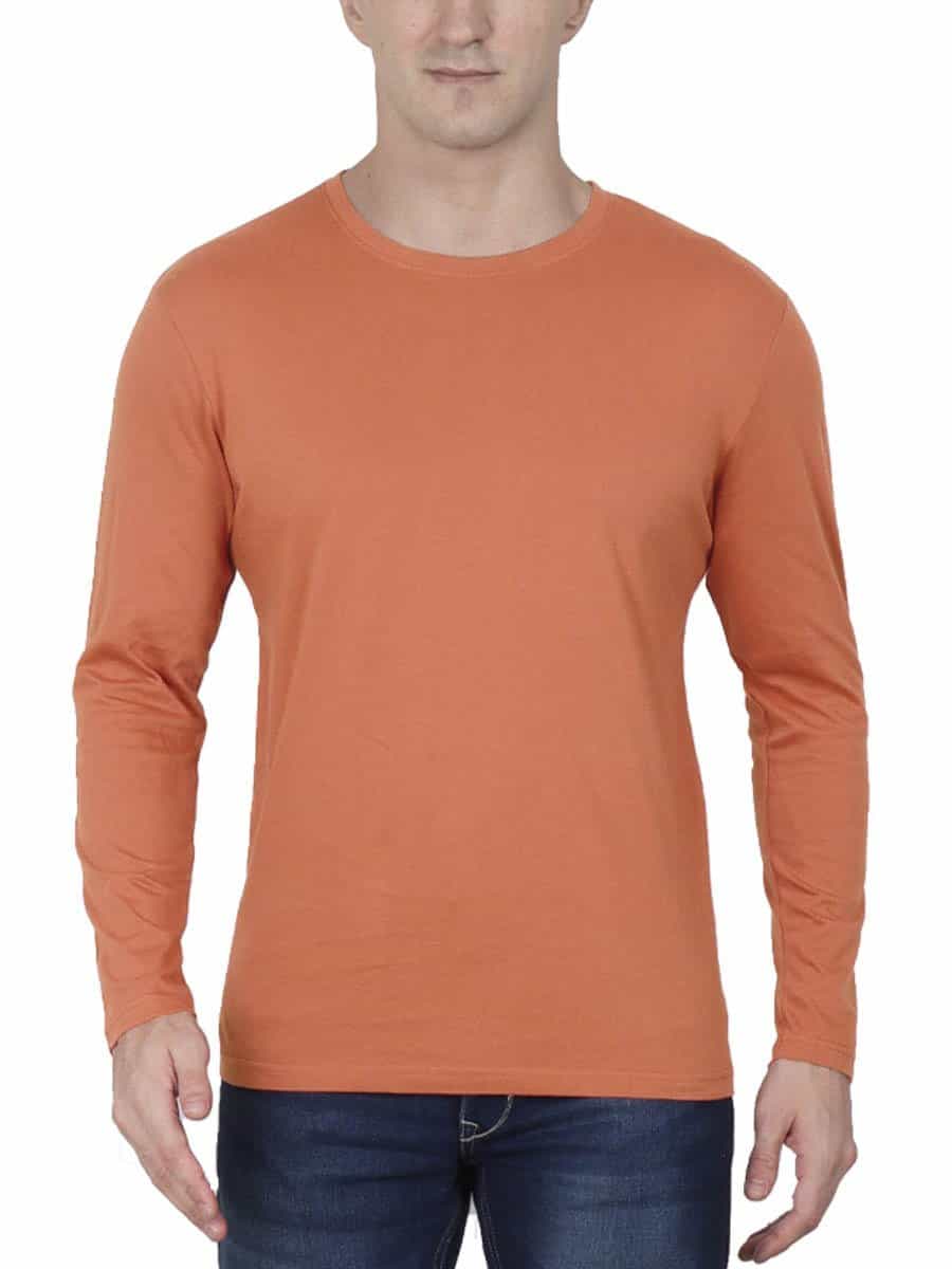 Men's Saffron Full Sleeve Round Neck Plain T-Shirt
