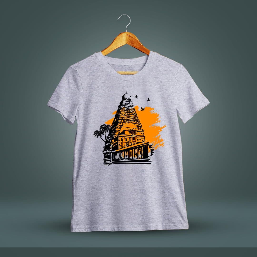 Thanjavur Temple Periya Kovil Grey Melange T-Shirt