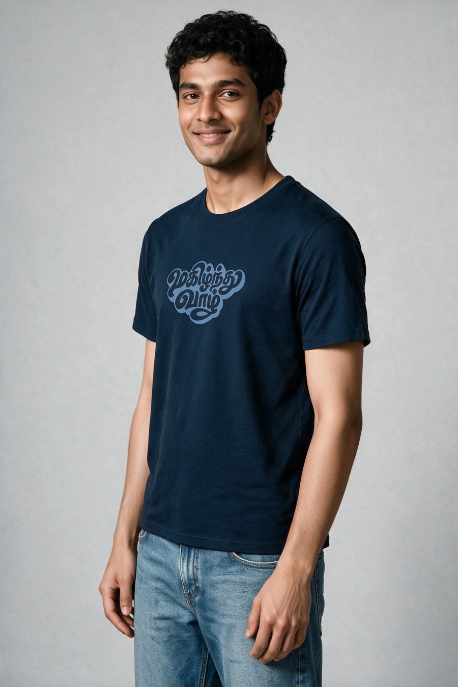 Magizhnthu Vaazh Tamil Typography T-Shirt — Navy