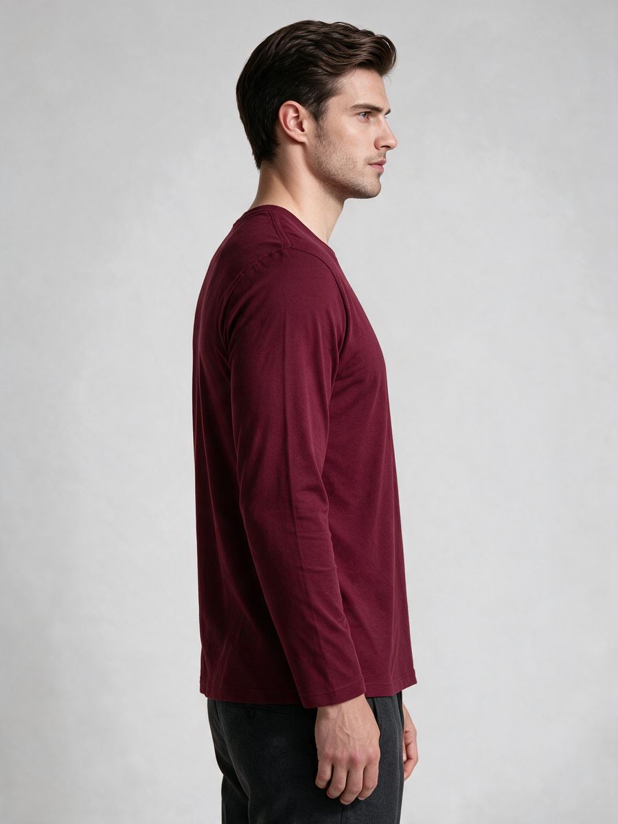 Men's Maroon Full Sleeve Round Neck Plain T-Shirt