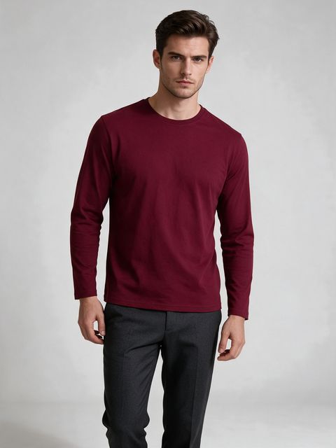 Men's Maroon Full Sleeve Round Neck Plain T-Shirt