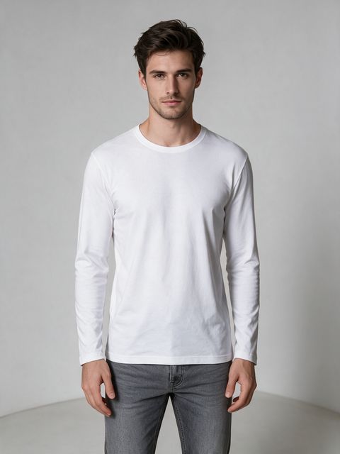 Men's White Full Sleeve Round Neck Plain T-Shirt