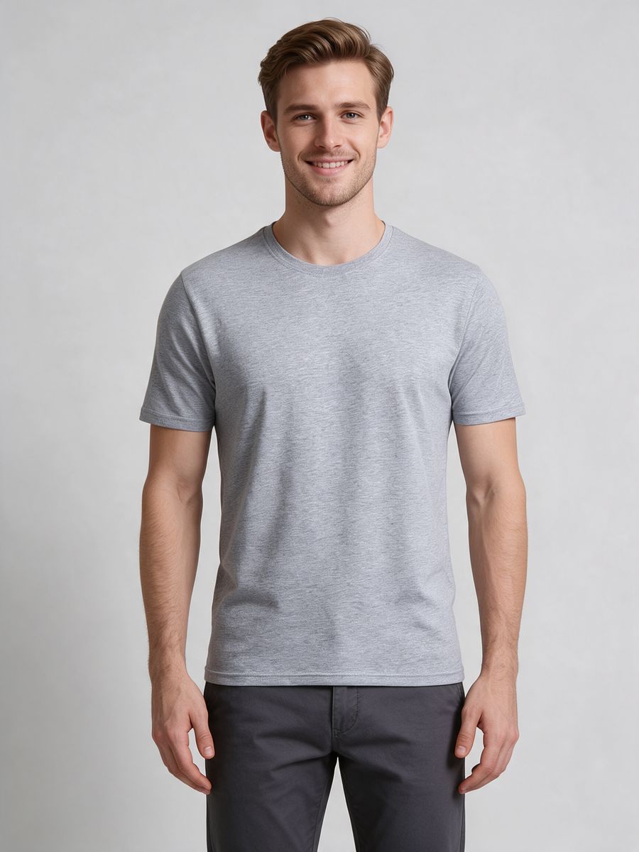 Men's Grey Melange Half Sleeve Round Neck Plain T-Shirt