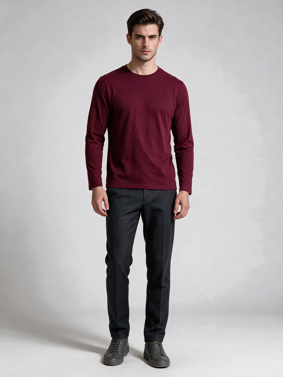 Men's Maroon Full Sleeve Round Neck Plain T-Shirt