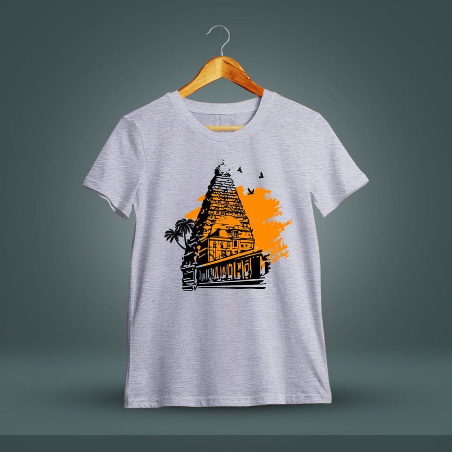 Thanjavur Temple Periya Kovil Grey Melange T-Shirt