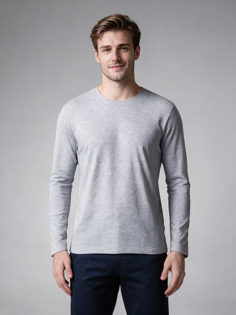 Men's Grey Melange Full Sleeve Round Neck Plain T-Shirt