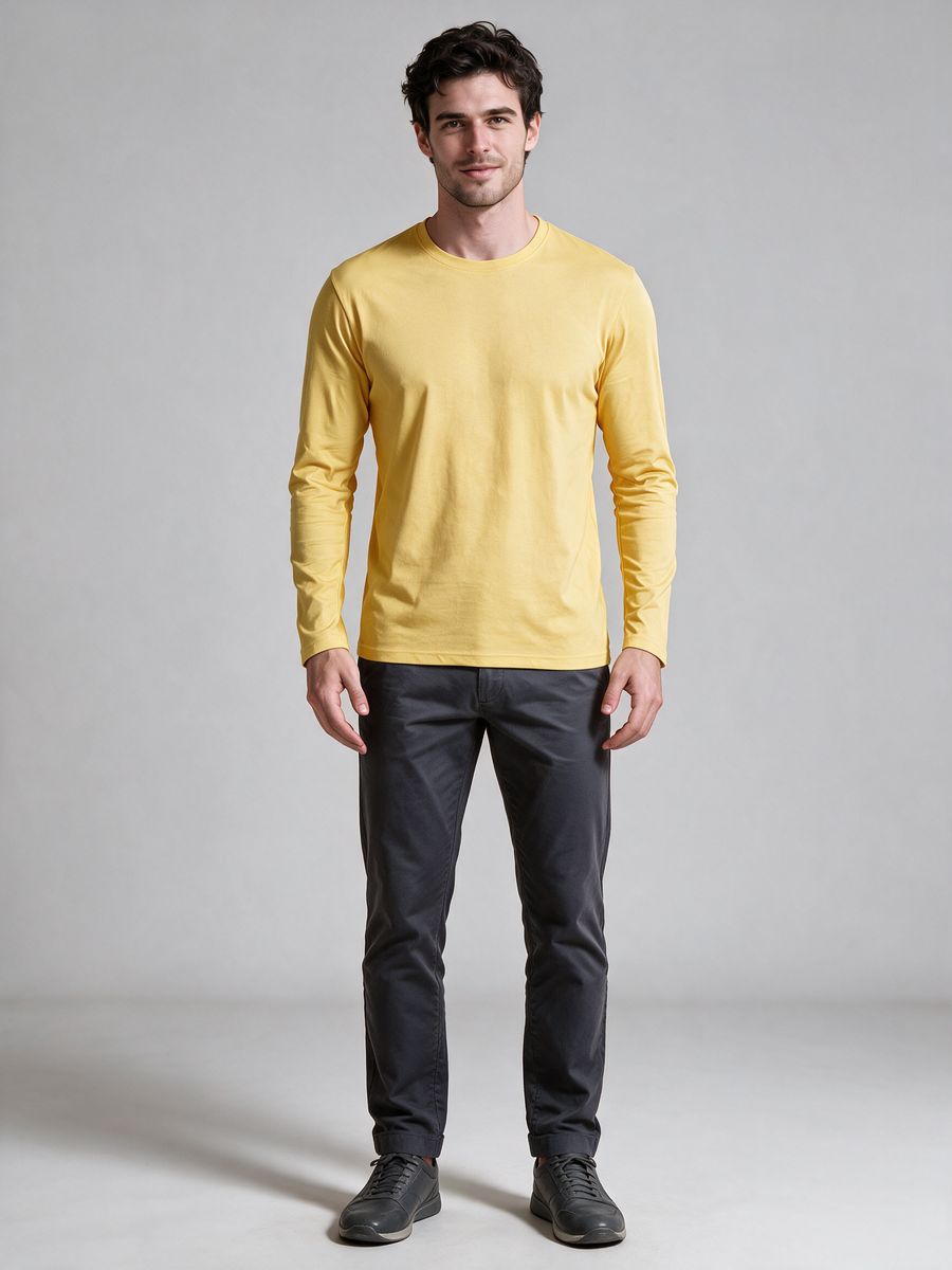Men's Yellow Full Sleeve Round Neck Plain T-Shirt
