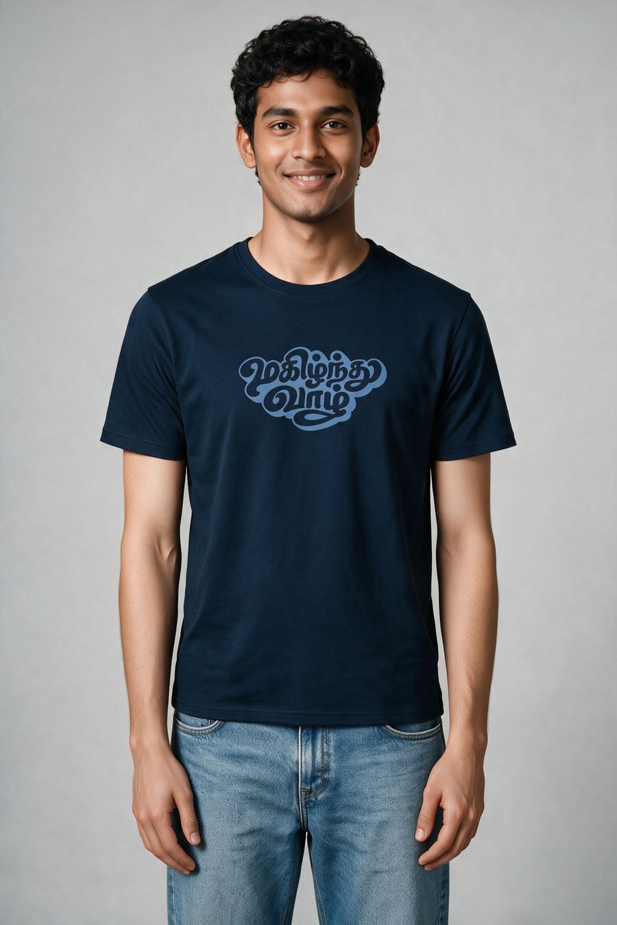Magizhnthu Vaazh Tamil Typography T-Shirt — Navy