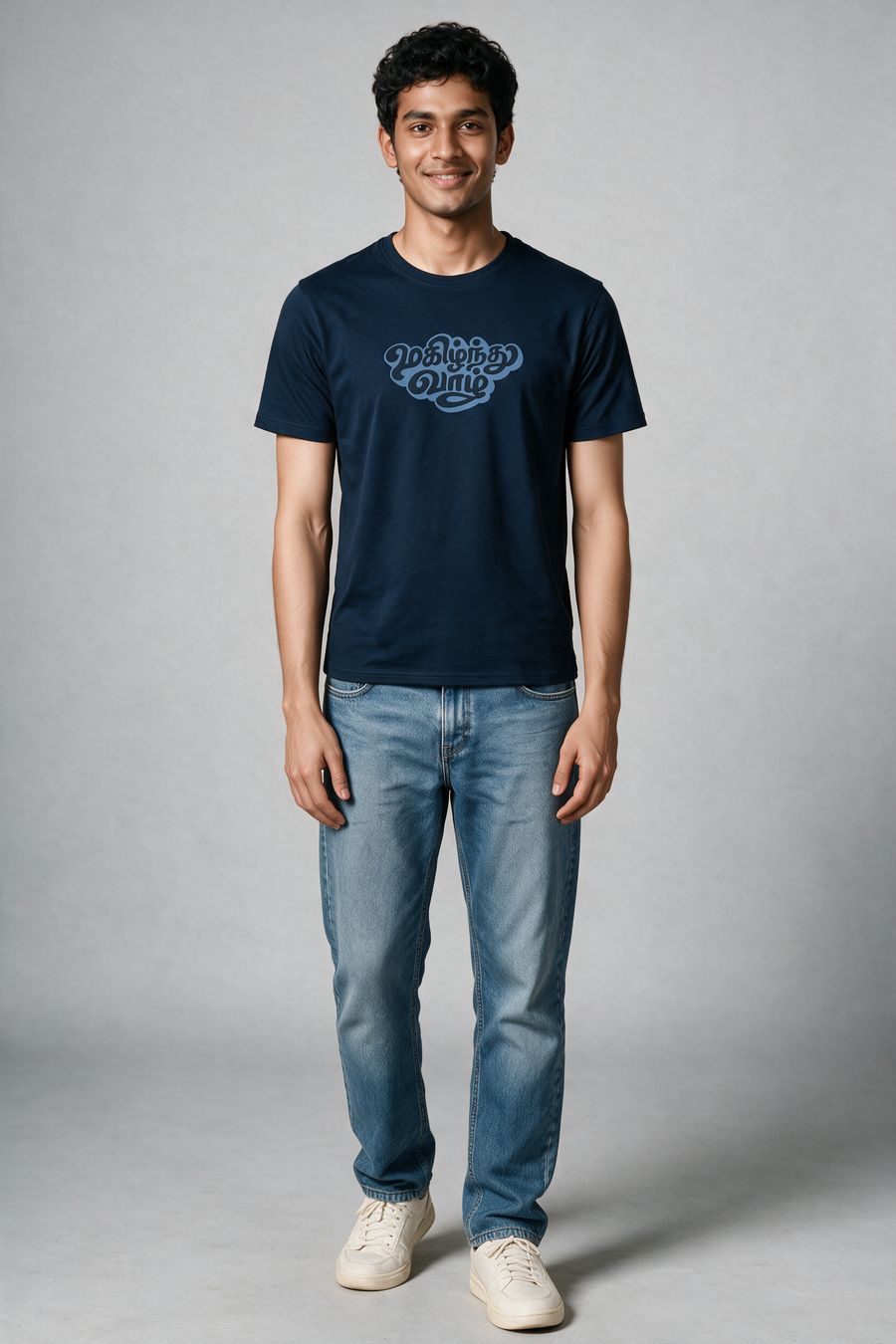 Magizhnthu Vaazh Tamil Typography T-Shirt — Navy