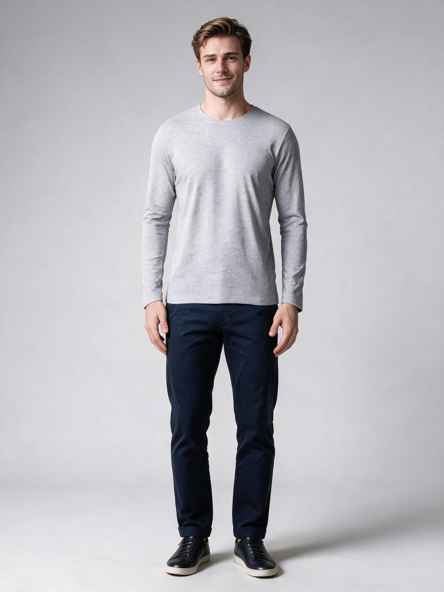 Men's Grey Melange Full Sleeve Round Neck Plain T-Shirt