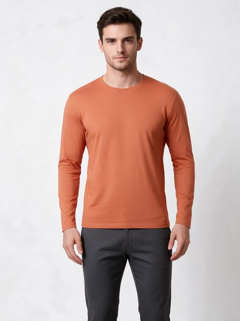 Men's Saffron Full Sleeve Round Neck Plain T-Shirt