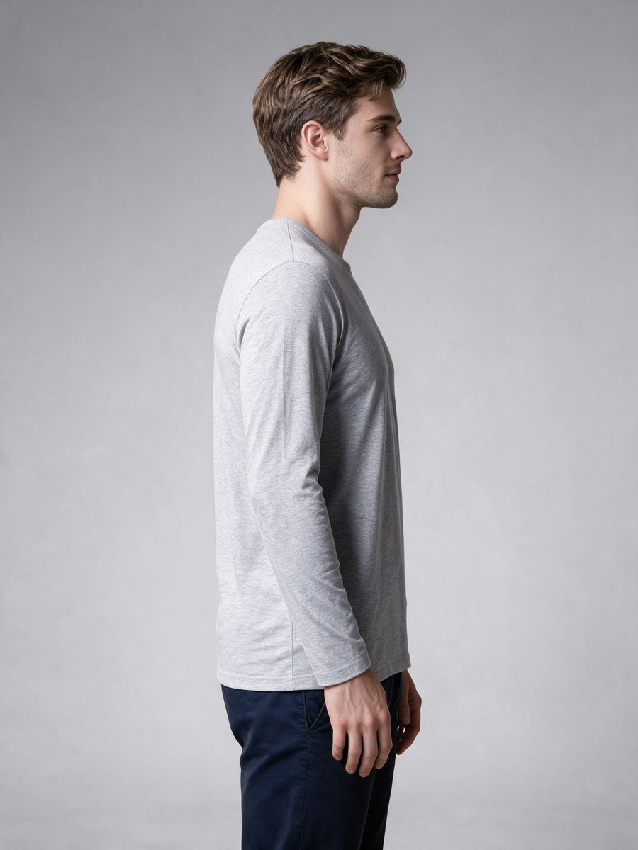 Men's Grey Melange Full Sleeve Round Neck Plain T-Shirt