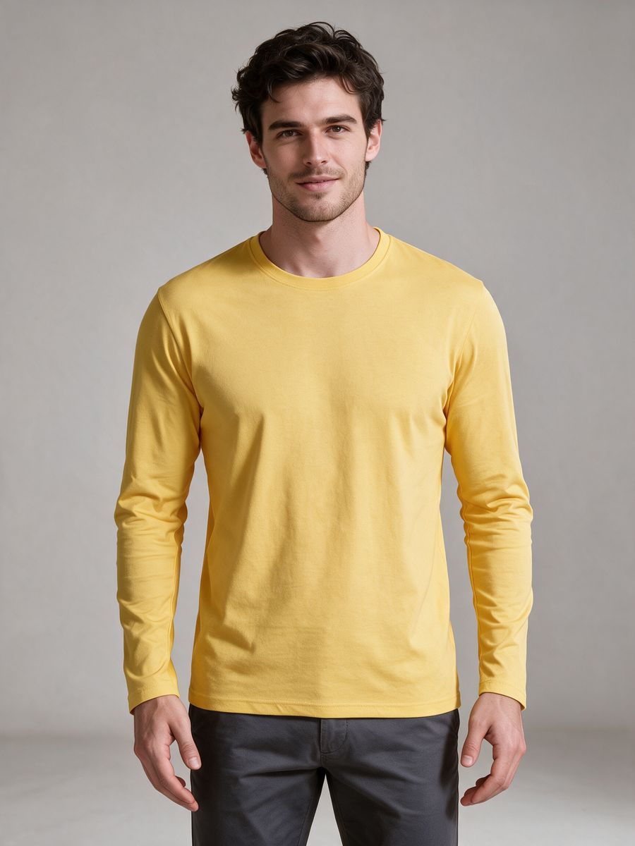 Men's Yellow Full Sleeve Round Neck Plain T-Shirt