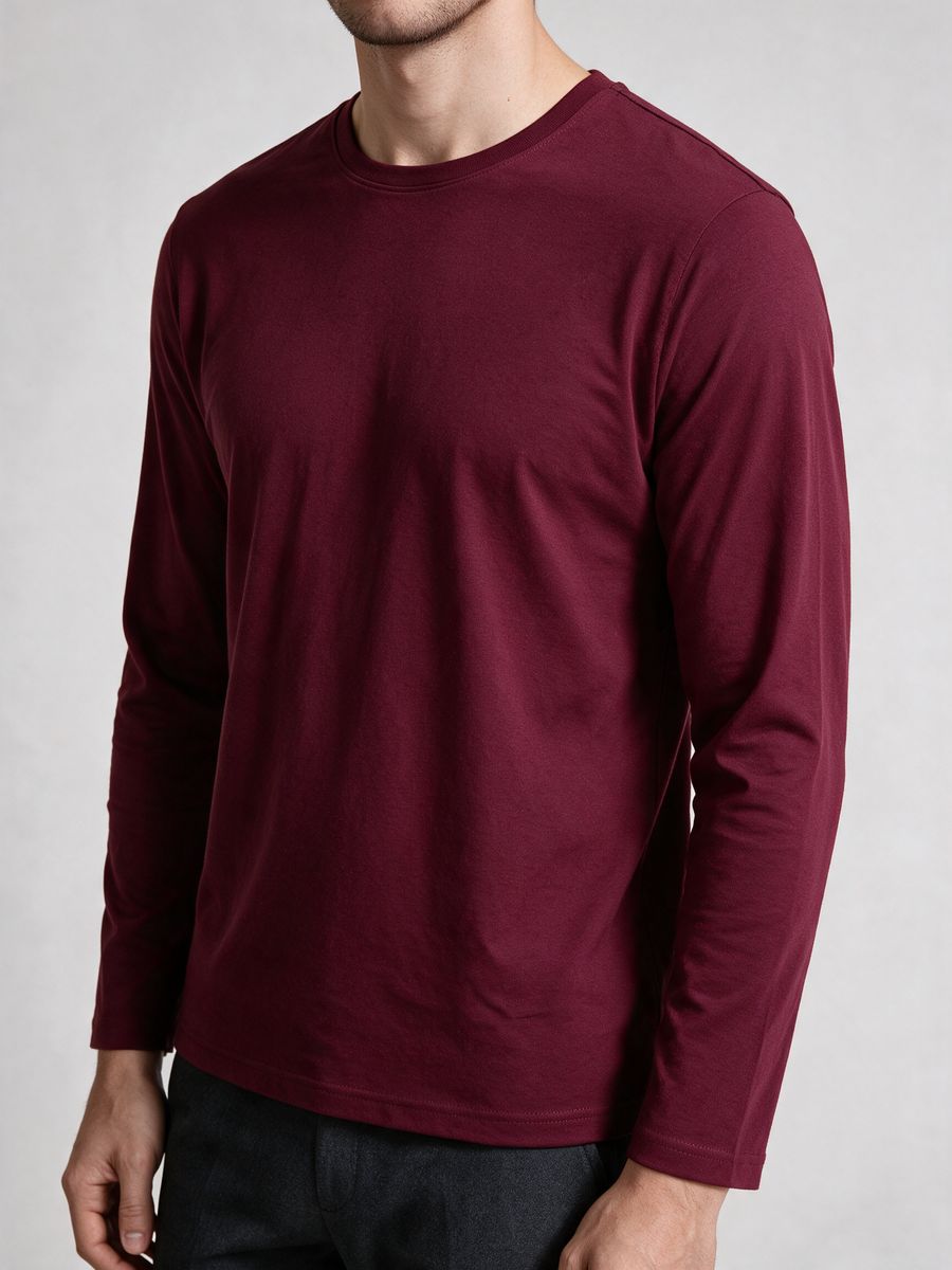 Men's Maroon Full Sleeve Round Neck Plain T-Shirt