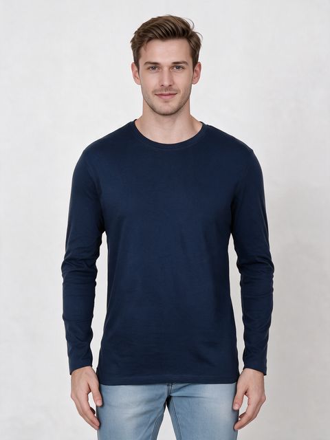 Men's Navy Blue Full Sleeve Round Neck Plain T-Shirt