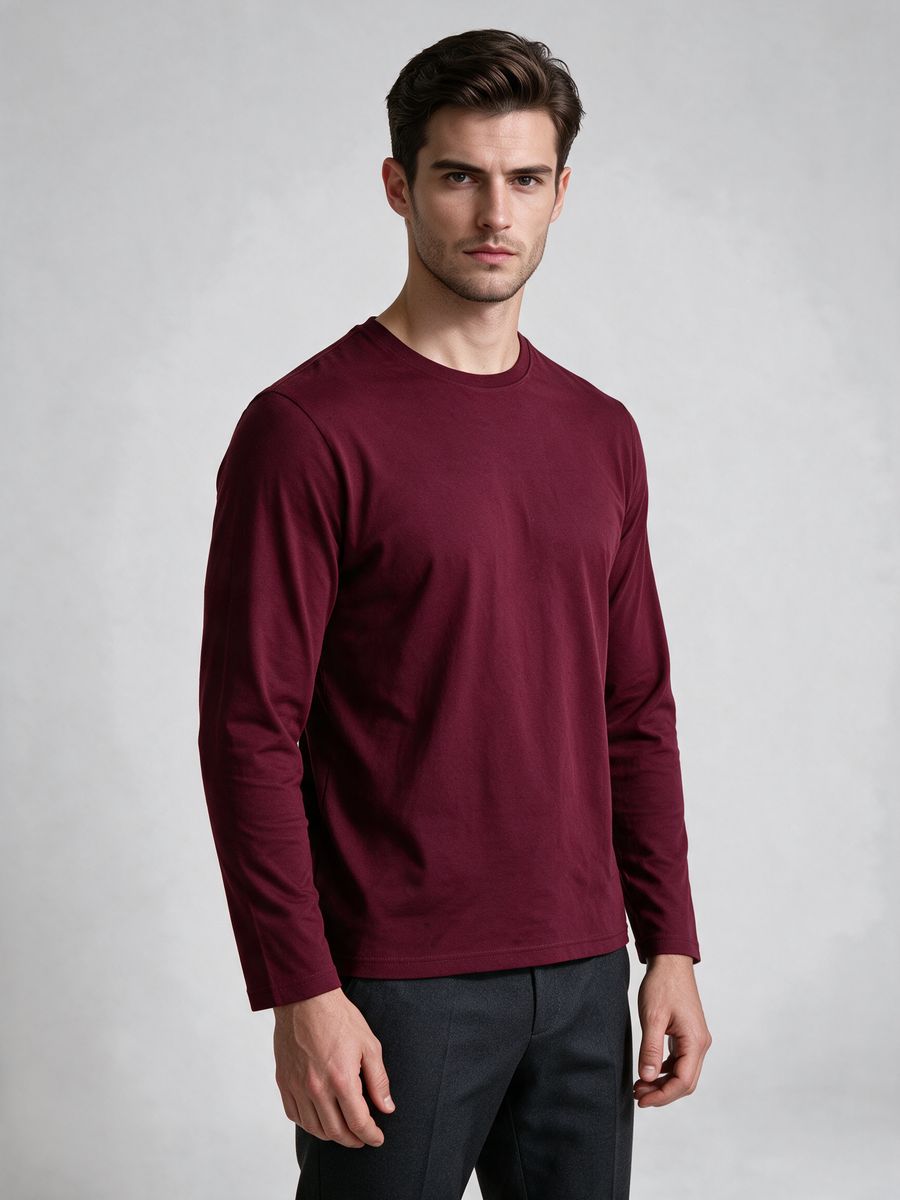Men's Maroon Full Sleeve Round Neck Plain T-Shirt