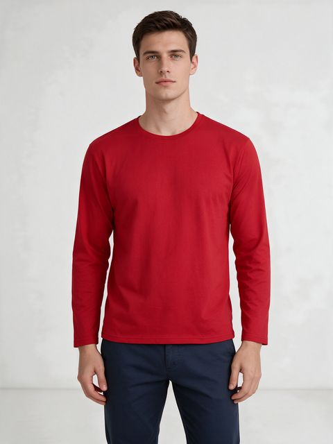 Men's Red Full Sleeve Round Neck Plain T-Shirt