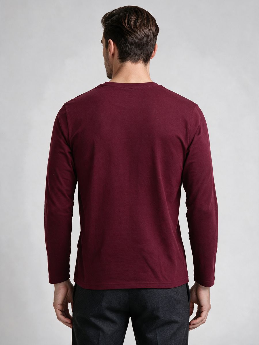 Men's Maroon Full Sleeve Round Neck Plain T-Shirt