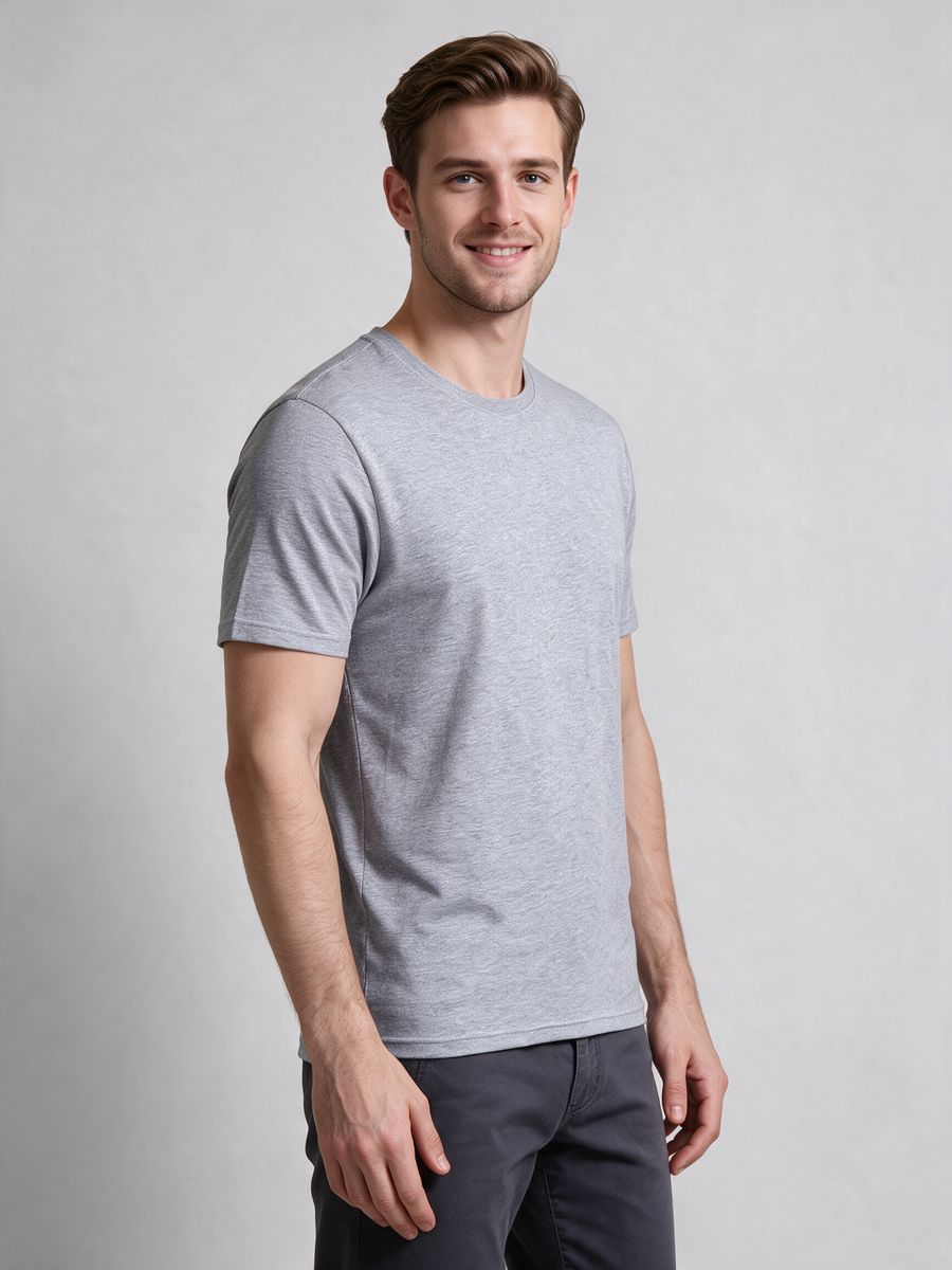Men's Grey Melange Half Sleeve Round Neck Plain T-Shirt
