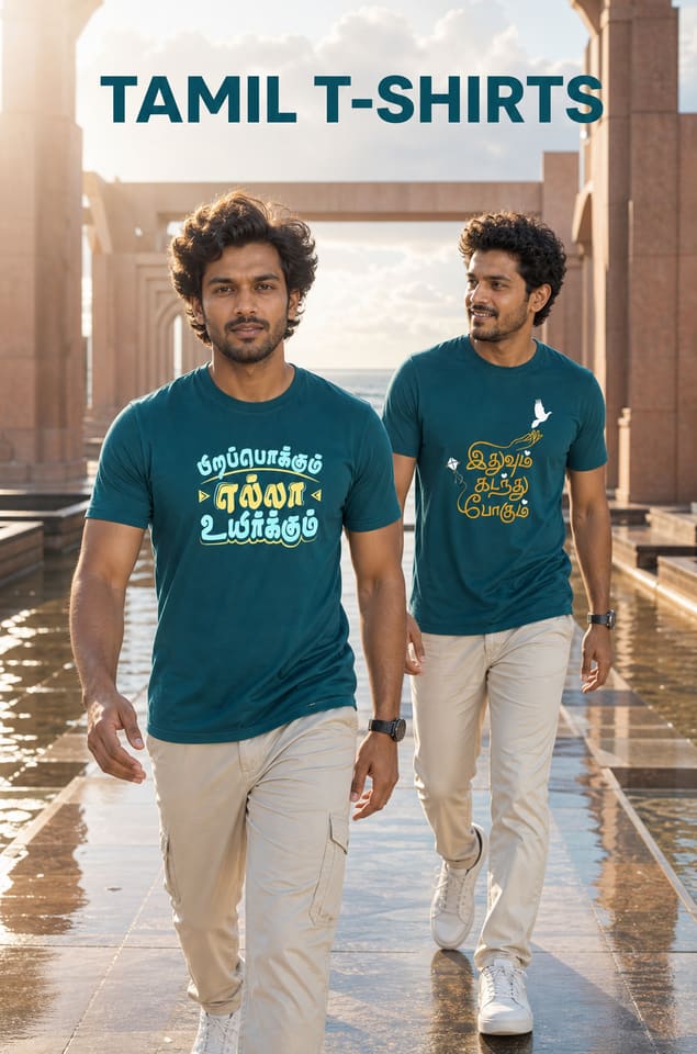 Two men wearing Kalvettu Tamil printed T-shirts with confident forward energy