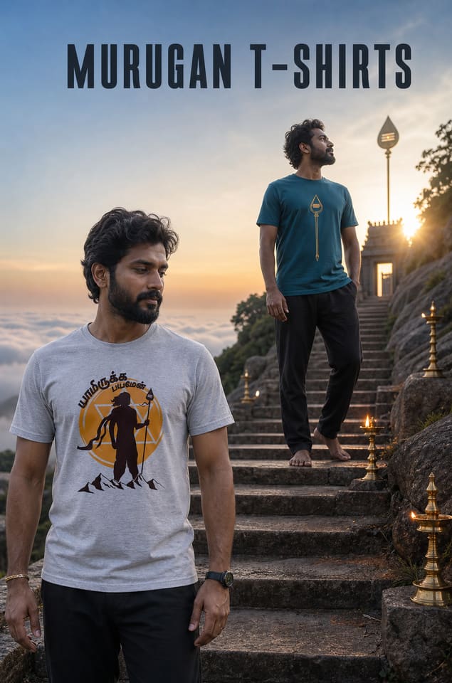 Two men wearing Kalvettu Murugan T-shirts in a magnificent sacred mountain setting