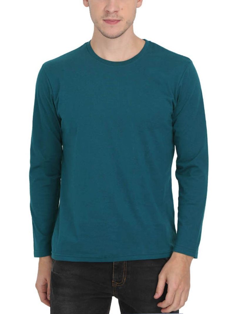 Men's Petrol Full Sleeve Round Neck Plain T-Shirt