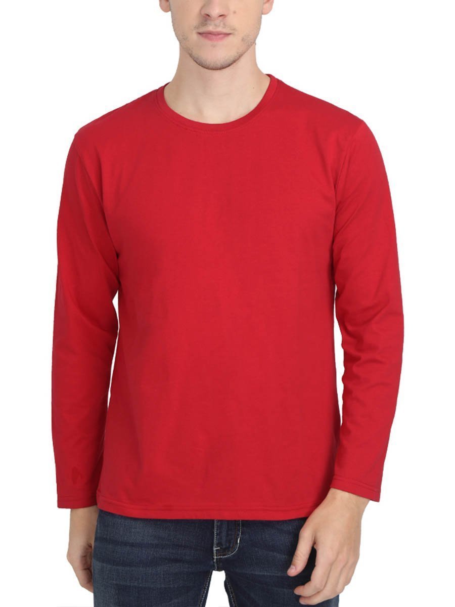 Men's Red Full Sleeve Round Neck Plain T-Shirt - Kalvettu