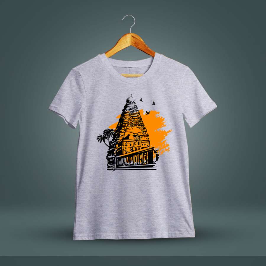 Thanjavur Temple Periya Kovil Grey Melange T-Shirt